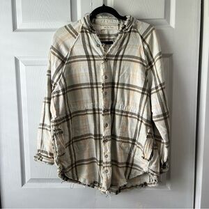 We The Free Flannel Shirt Women XS White Plaid Button Up Long Sleeve Boho